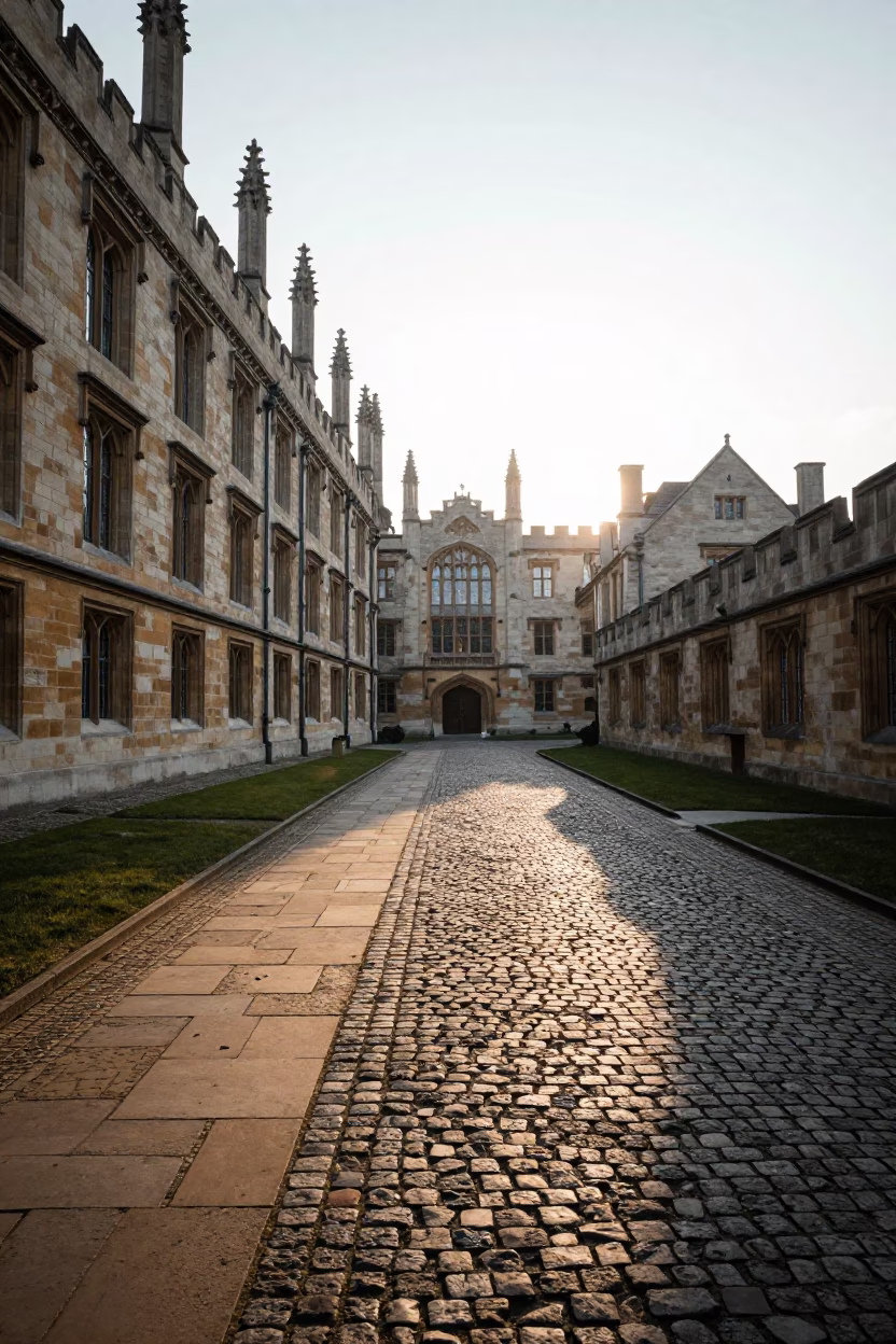 Early Morning Light on Prague University Cloister Stone Walkway Between Historic Buildings in in Prague, Czech Republic