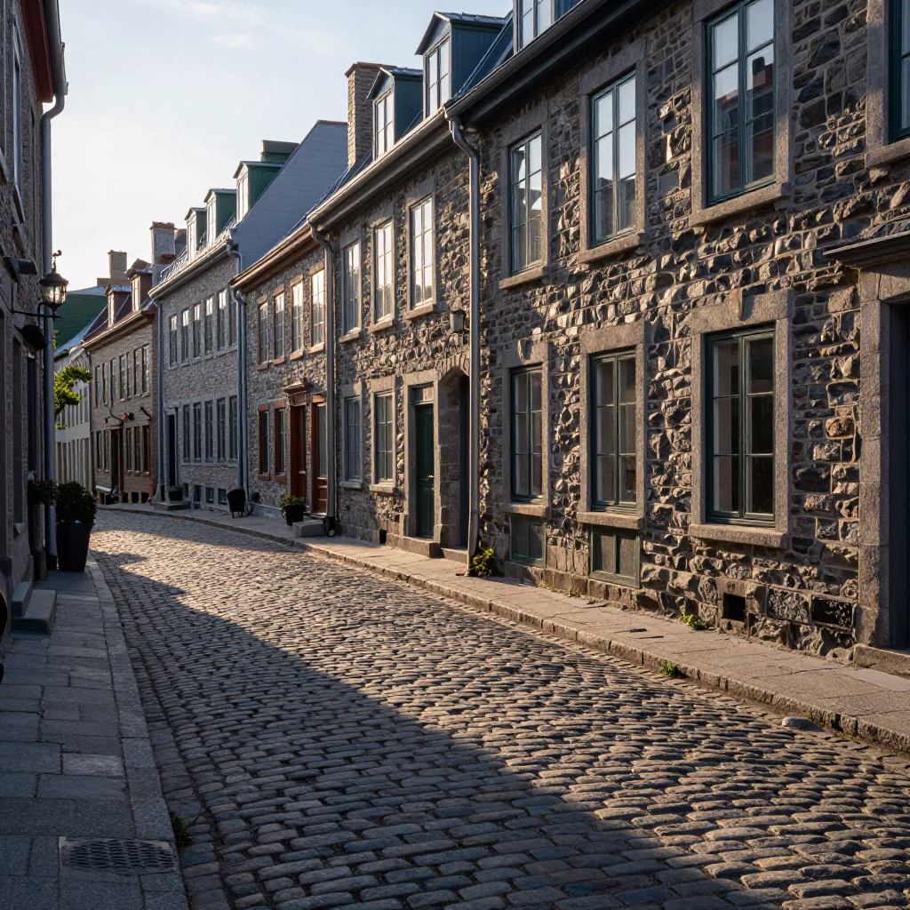 Early Morning Light on Quebec City Cobblestone Street with Rattan Chair and Coffee Setup in in Quebec City, Quebec, Canada