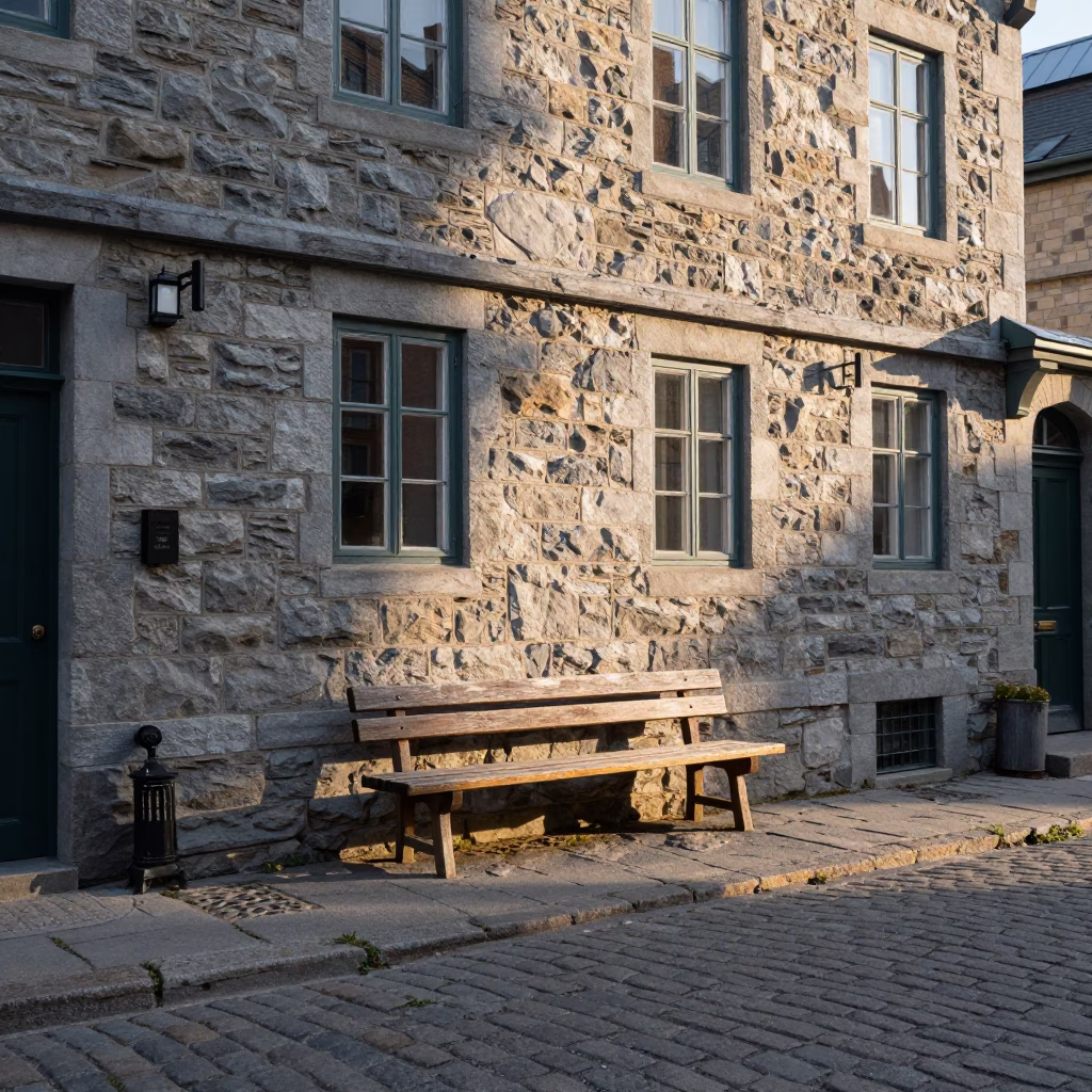 Early Morning Light on Quebec City Stone Facades and Cobblestone Street in in Quebec City, Quebec, Canada