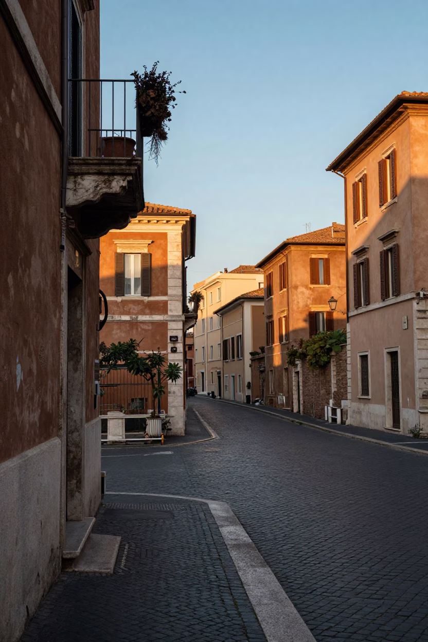 Early Morning Light on Roman Street Corner with Solar Panels and Vintage Details in in Rome, Italy