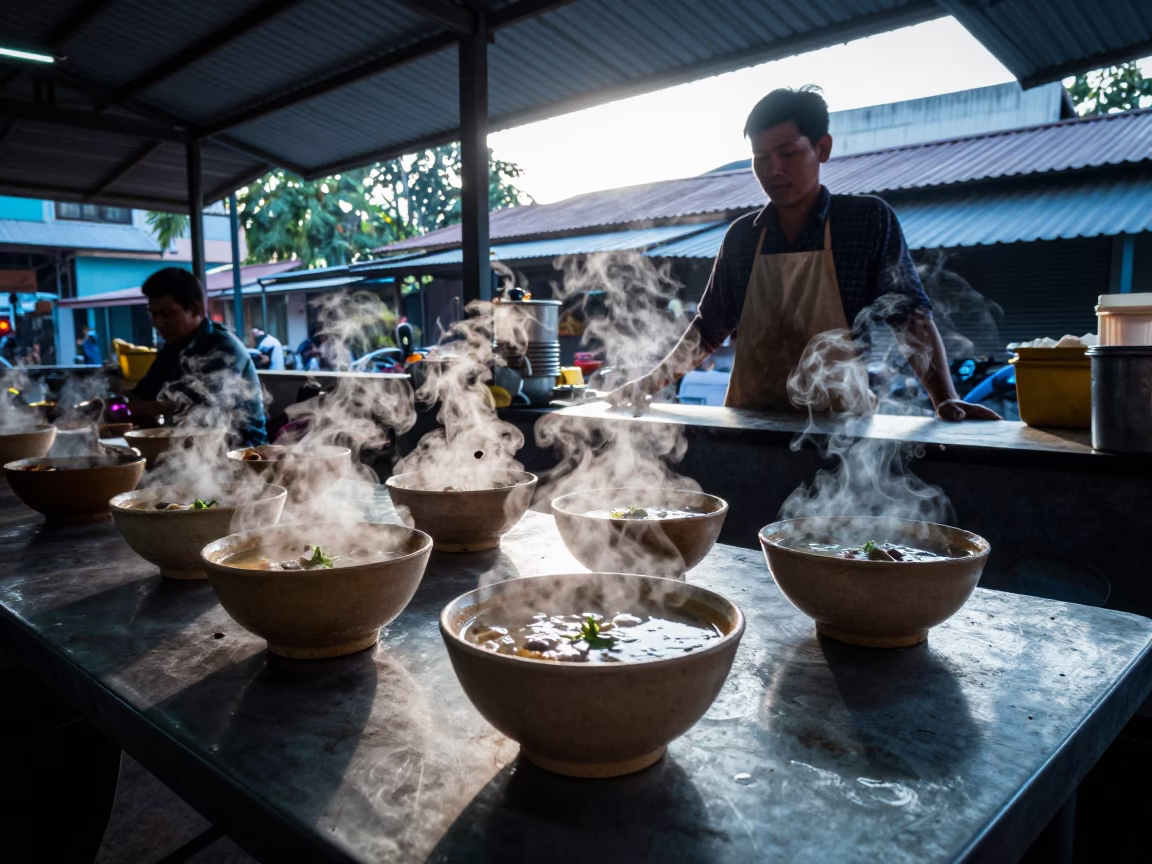 Early Morning Light on Soup Bowls in Phnom Penh in in Phnom Penh, Cambodia