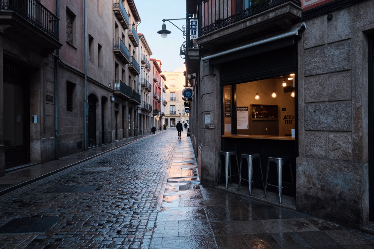 Early Morning Light on Street Scene in Bilbao in in Bilbao, Spain