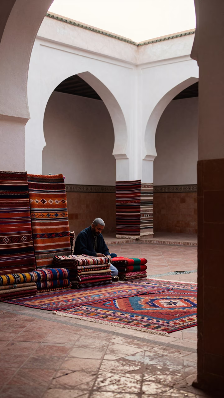 Early Morning Light on Traditional Moroccan Textiles and Clay Architecture in Marrakech in in Marrakech, Morocco