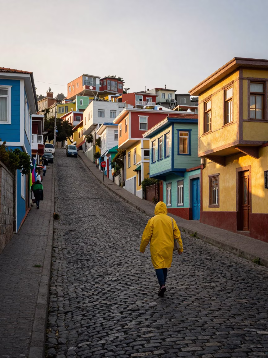 Early Morning Light on Valparaiso Steep Cobblestone Street with Colorful Hillside Houses in in Valparaiso, Chile