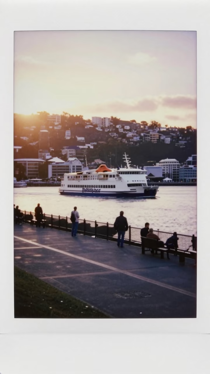 Early Morning Light on Wellington Quay Promenade with Ferry and Harbour Views in in Wellington, New Zealand