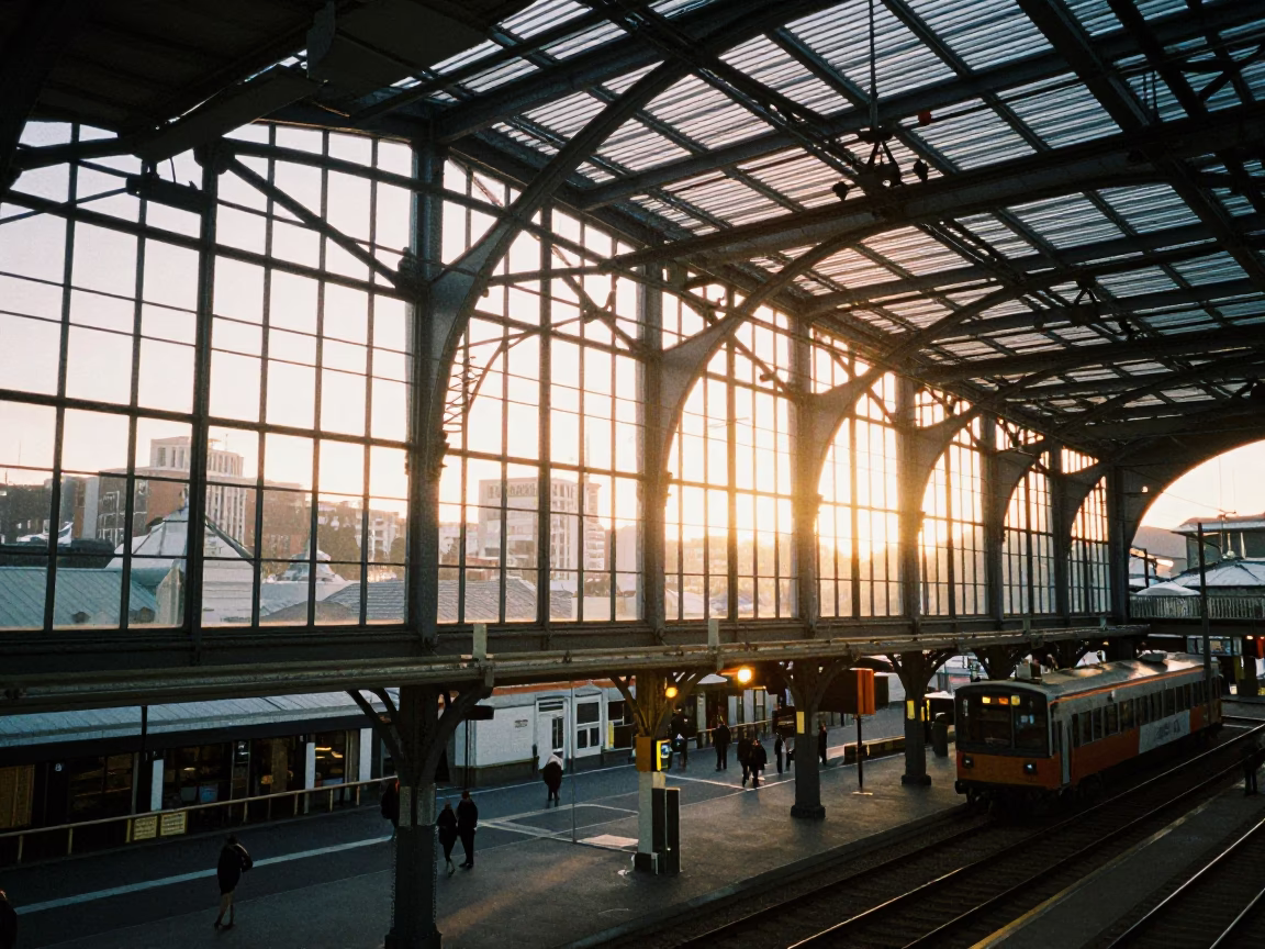 Early Morning Light on Wellington Railway Station Glass and Steel Arched Roof in in Wellington, New Zealand
