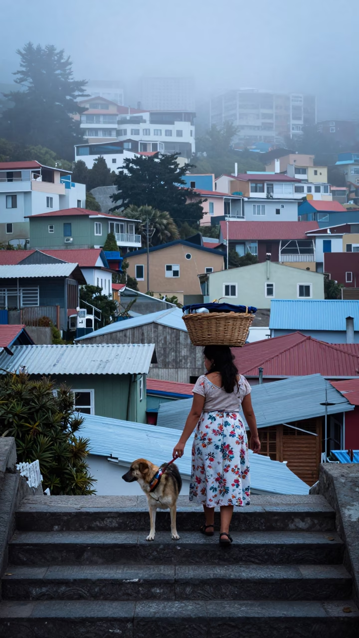 Early Morning Light on Woman in Valparaiso in in Valparaiso, Chile
