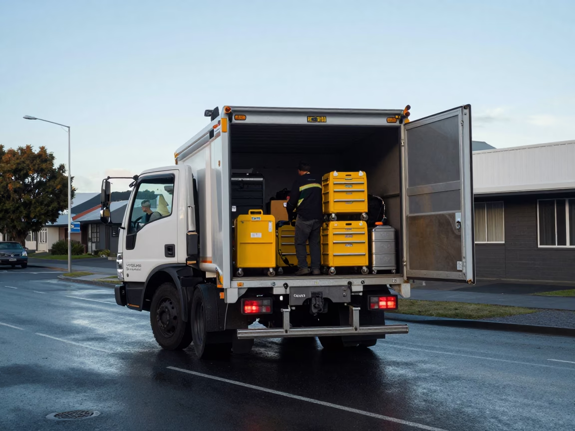 Early Morning Light on Worker in Christchurch in in Christchurch, New Zealand