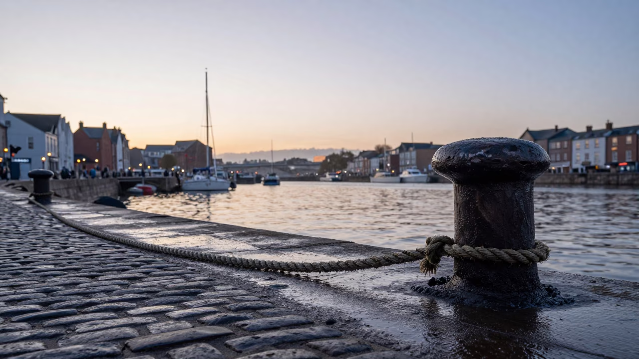 Early Morning Light Over Bristol Harbour With Frayed Rope and Gate Handle Details in in Bristol, United Kingdom
