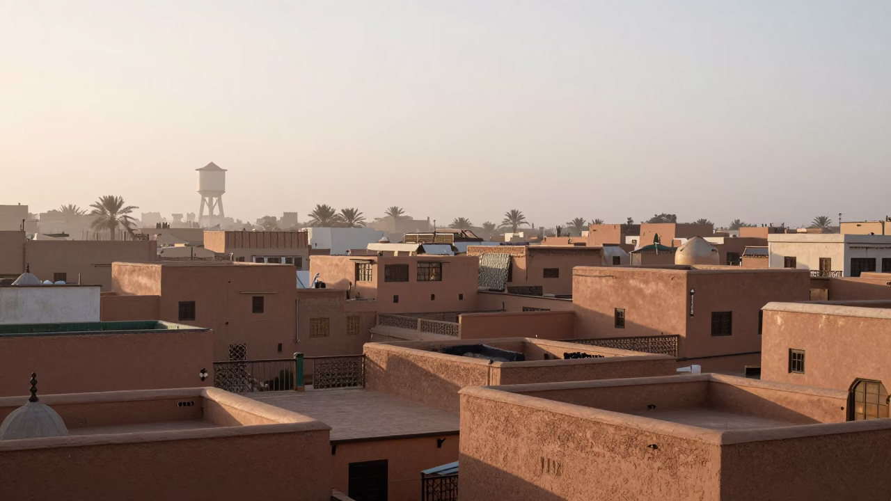 Early Morning Light Over Marrakech Medina Rooftops and Traditional Architecture in in Marrakech, Morocco