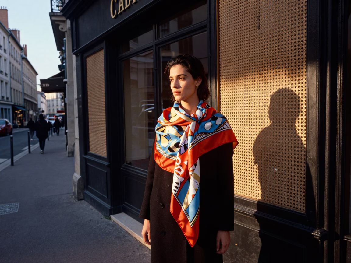 Early Morning Light Through Woven Cane in Lyon France High Fashion Street Photography in in Lyon, France