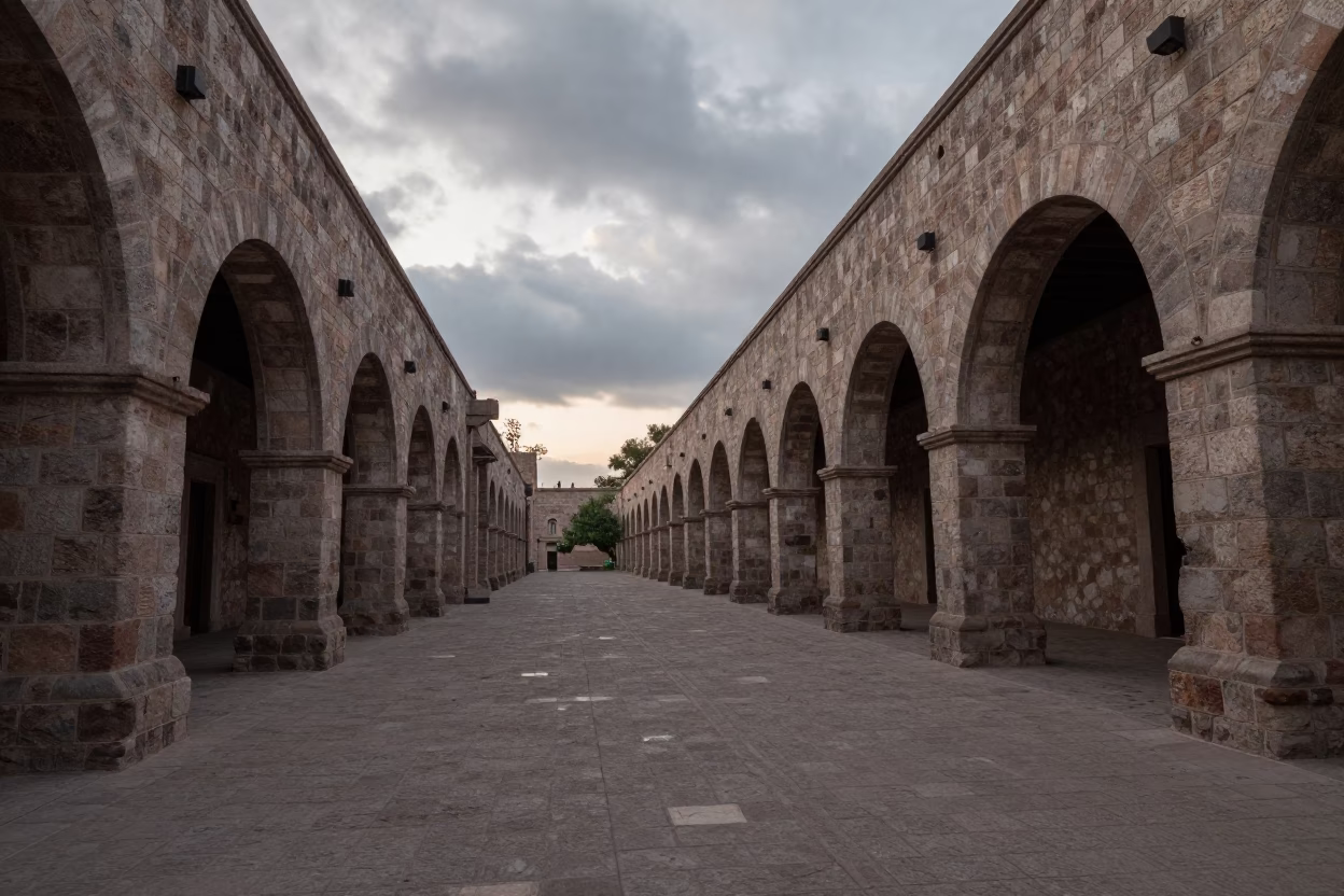 Early Morning Light Under Stone Arches Rooftop in inside a skylit passageway in Nuevo Laredo