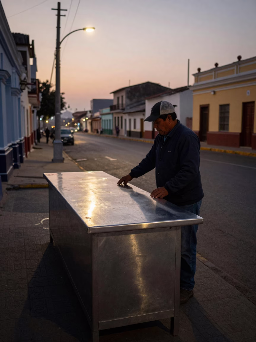 Early Morning Lima Peru Street Scene with Brushed Steel Countertop and Local Breakfast in in Lima, Peru