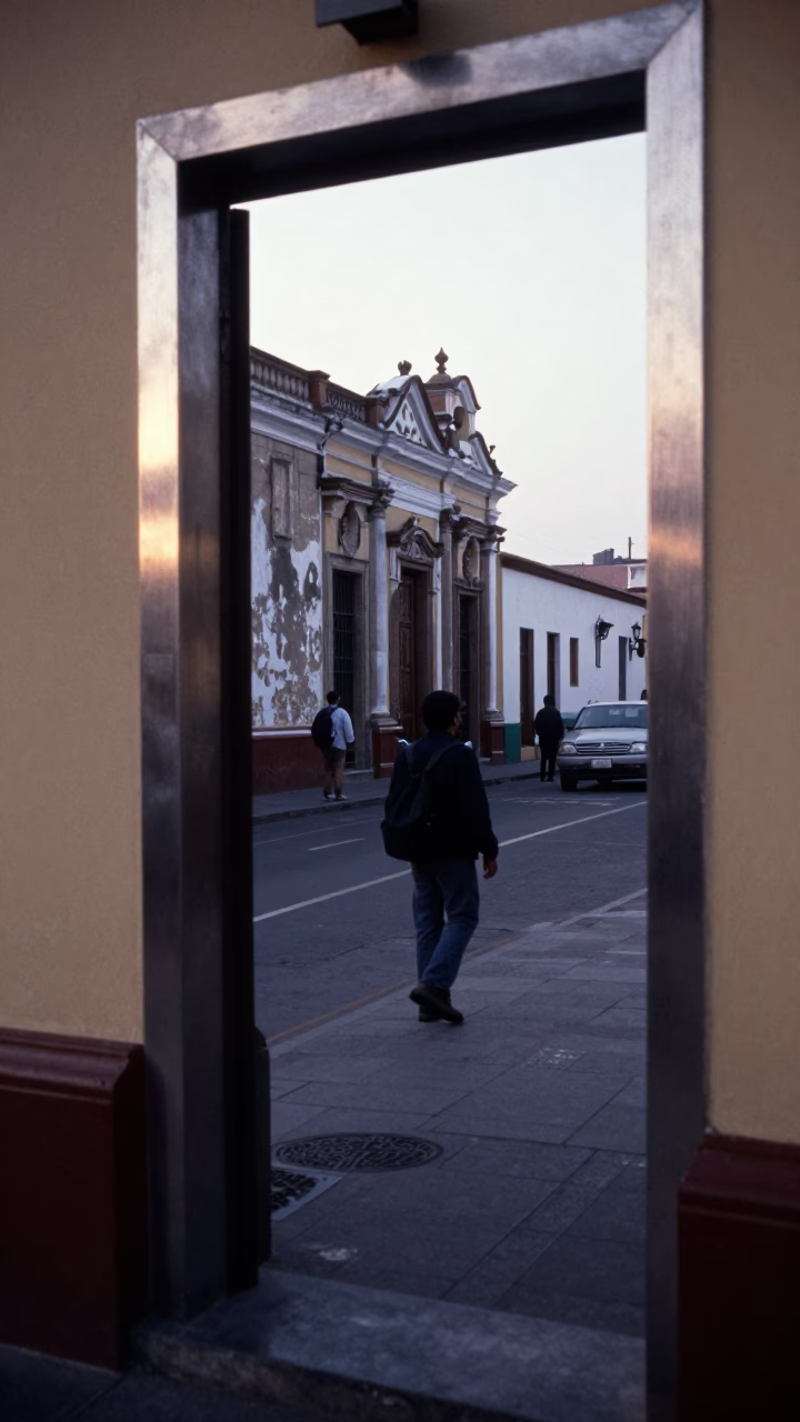 Early Morning Lima Peru Street Scene with Brushed Steel Doorframe and Leaf Shadows in in Lima, Peru