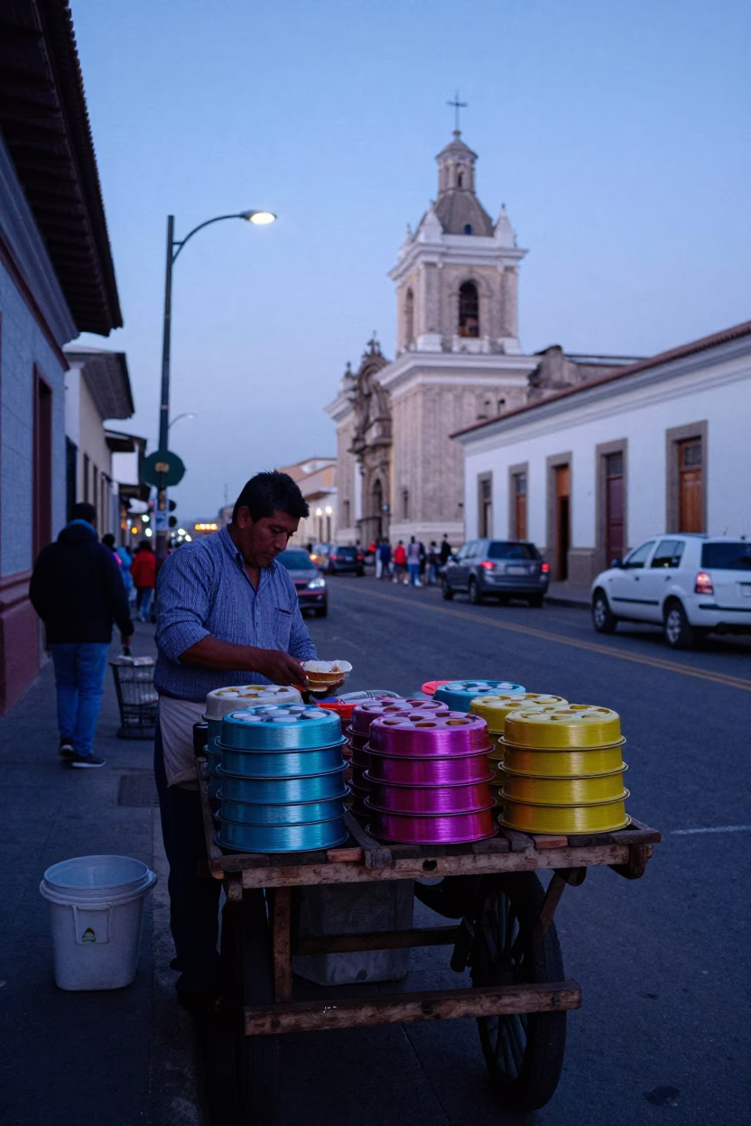 Early Morning Lima Peru Street Scene with Colorful Muffin Tins and Local Breakfast Vendor in in Lima, Peru