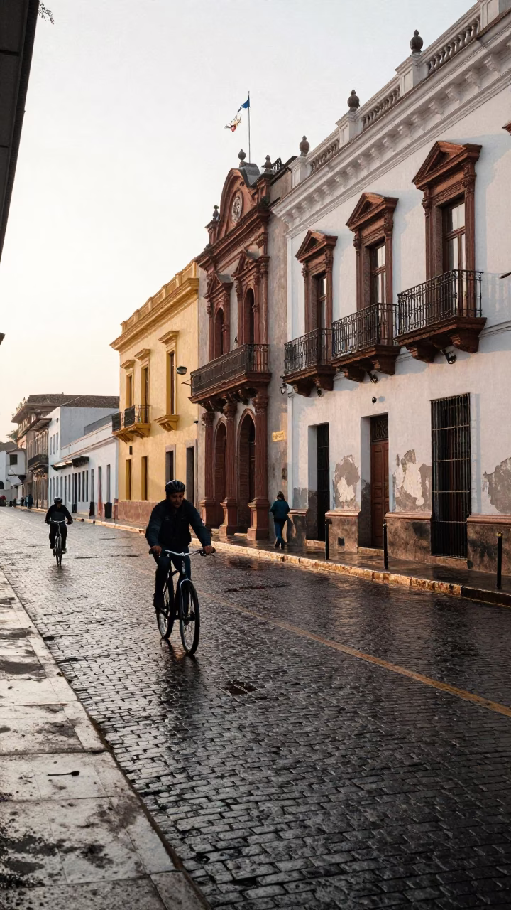 Early Morning Lima Peru Street Scene with Cyclist and Wet Cobblestones in in Lima, Peru