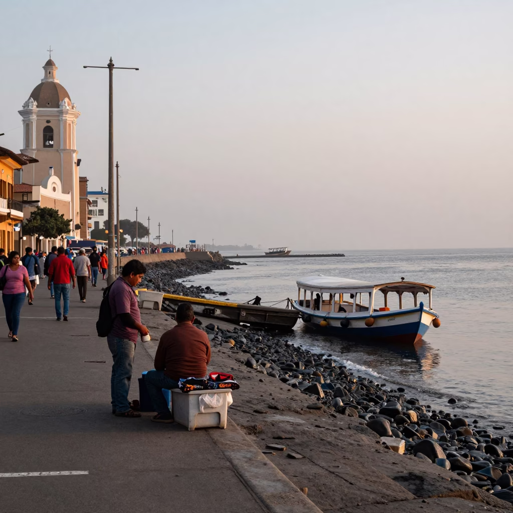 Early Morning Lima Peru Street Scene with Local Vendor and Water Taxi Dock in in Lima, Peru