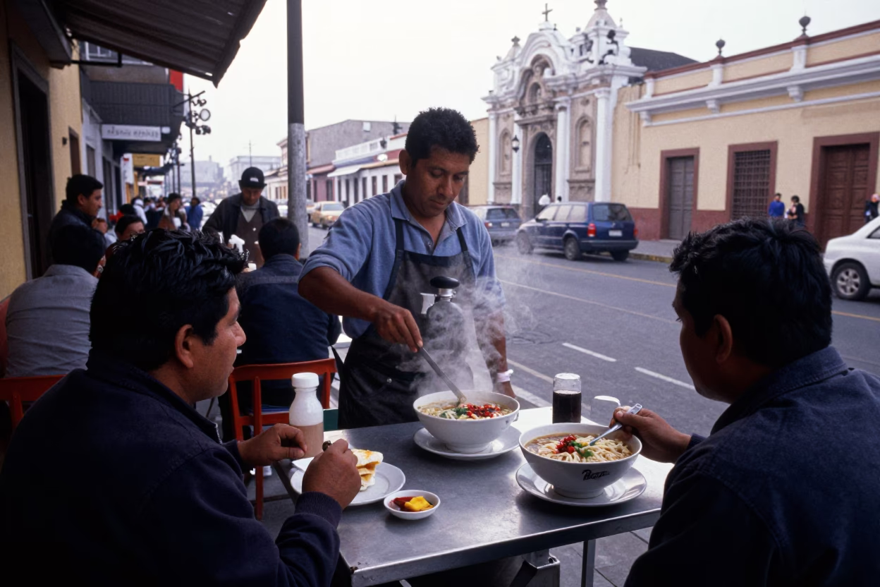 Early Morning Lima Peru Street Scene with Traditional Breakfast and Urban Architecture in in Lima, Peru