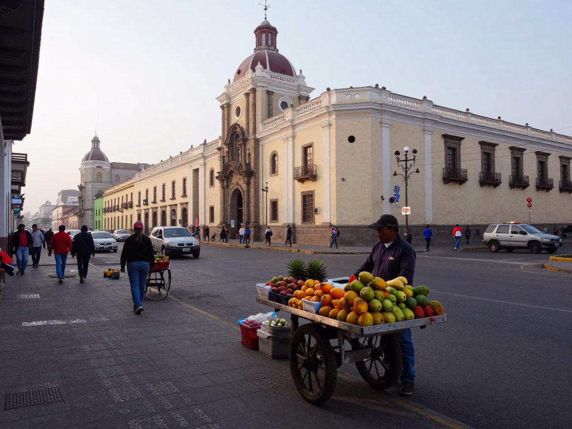 Early Morning Lima Peru Street Scene with Vendors and Historic Architecture in in Lima, Peru