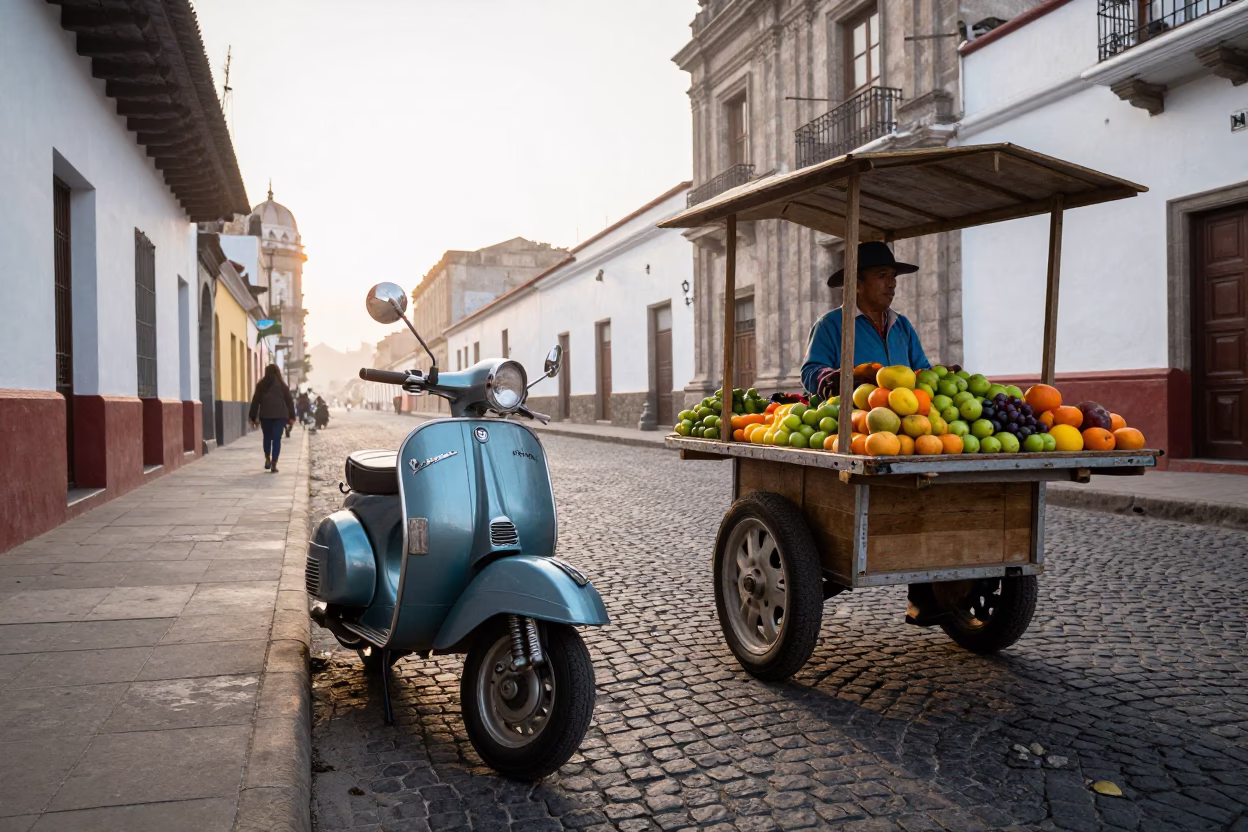 Early Morning Lima Peru Street Scene with Vintage Vespa and Local Market Activity in in Lima, Peru
