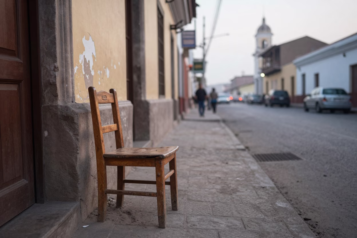 Early Morning Lima Peru Street Scene with Wooden Chair and Wall Hook in in Lima, Peru