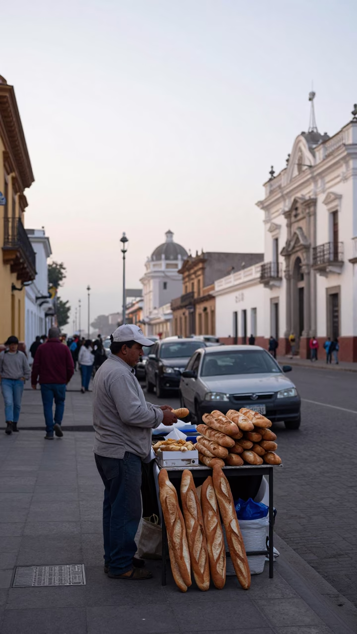 Early Morning Lima Street Scene with Baguettes and Local Market Activity in in Lima, Peru