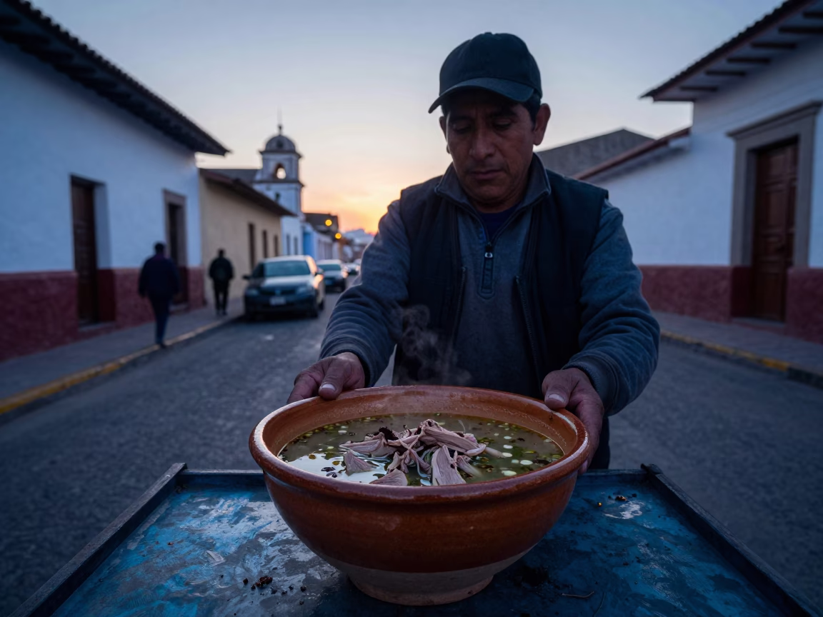 Early Morning Lima Street Scene with Ceramic Bowl and Pepper Soup Before Sunrise in in Lima, Peru