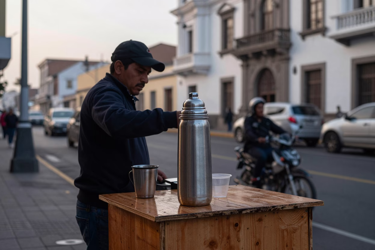 Early Morning Lima Street Scene with Coffee Vendor and Brushed Steel Thermos in in Lima, Peru