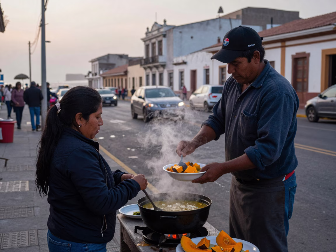 Early Morning Lima Street Scene with Locro Stew and Local Market Activity in in Lima, Peru
