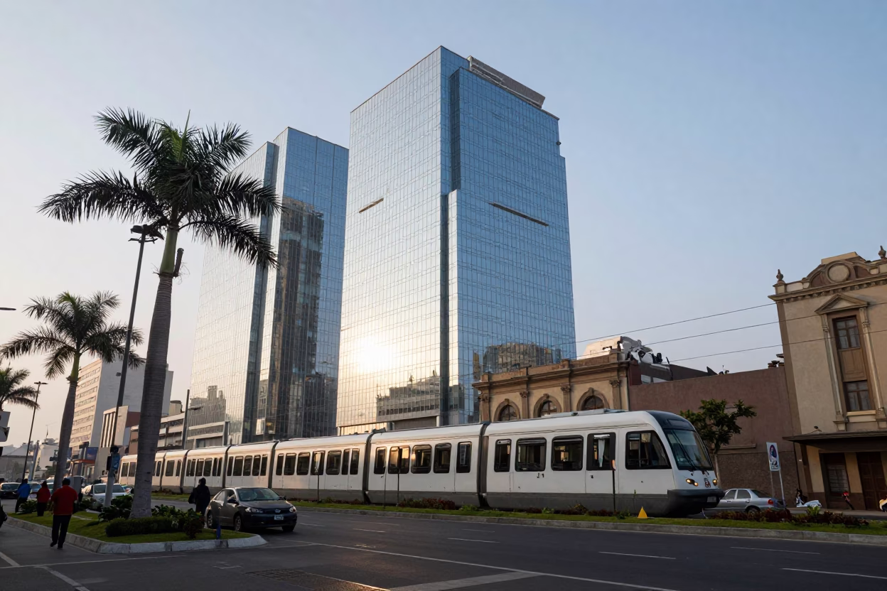 Early Morning Lima Street Scene with Monorail Passing Glass Towers and Palm Trees in in Lima, Peru