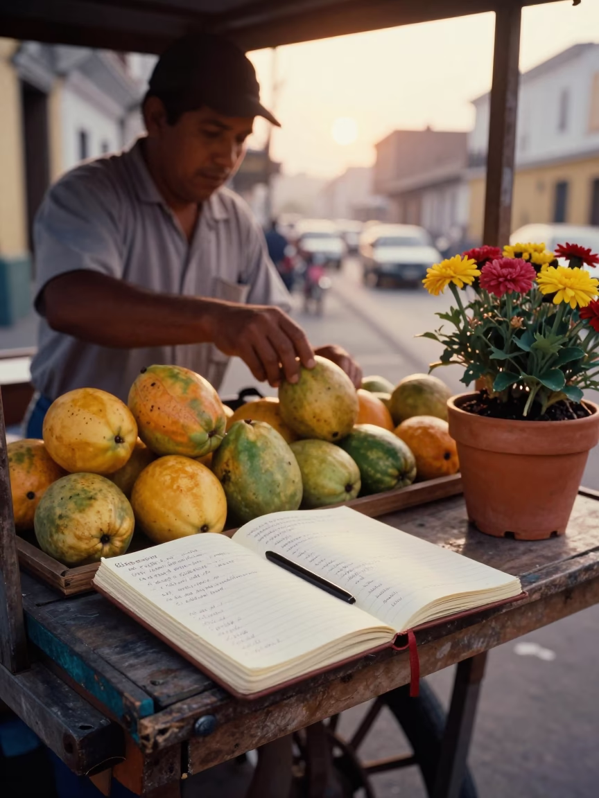 Early Morning Lima Street Scene with Notebook and Flowerpot at Sunrise in in Lima, Peru