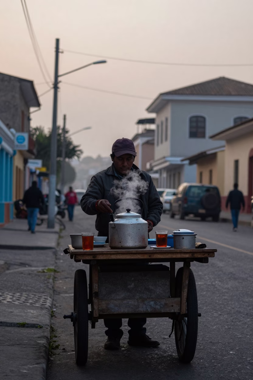 Early Morning Lima Street Scene with Steaming Tea and Water Rings in in Lima, Peru