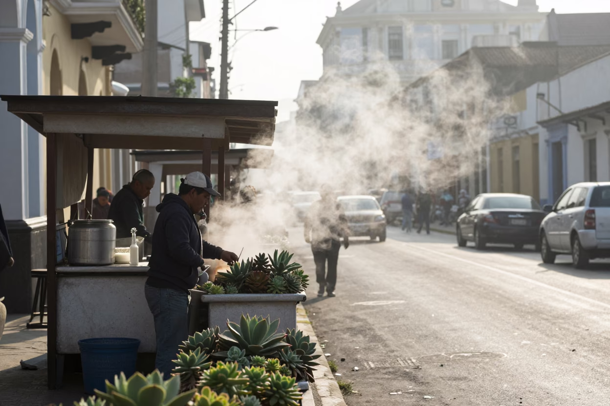 Early Morning Lima Street Scene with Succulents and Steam Haze in in Lima, Peru