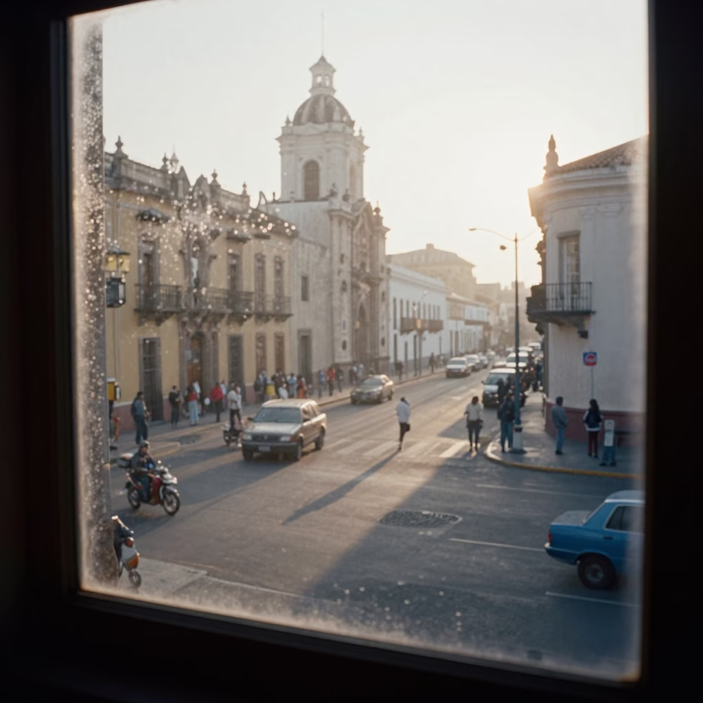 Early Morning Lima Street Scene with Sunlight and Local Market Activity in in Lima, Peru