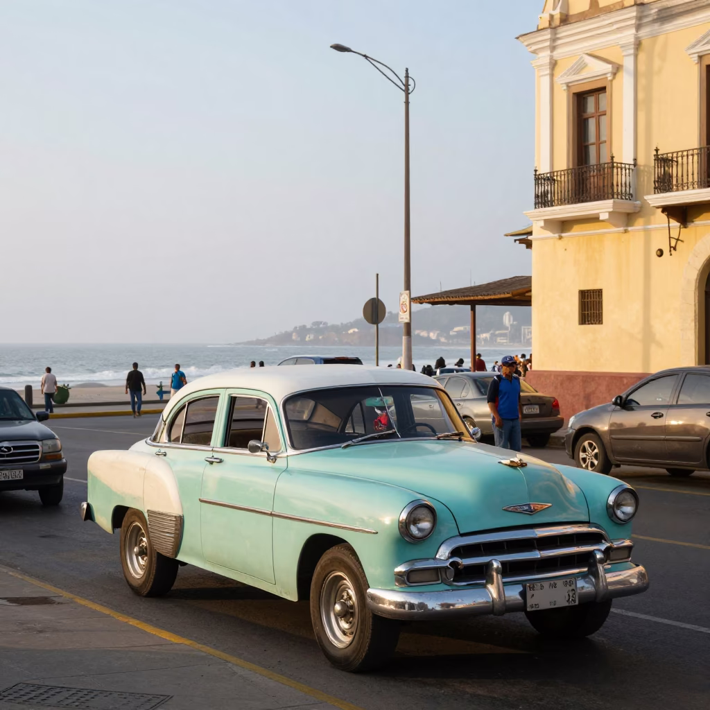 Early Morning Lima Street Scene with Vintage Car and Breakfast Stall in in Lima, Peru