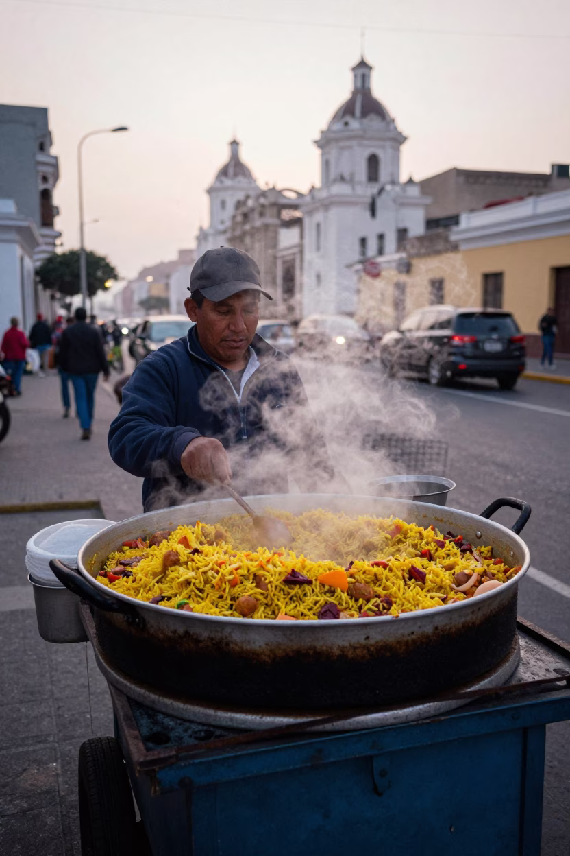 Early Morning Lima Street Vendor Selling Arroz Con Pollo Before Dawn in in Lima, Peru