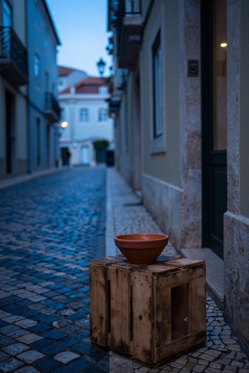 Early Morning Lisbon Alleyway with Terracotta Bowl and Alarm Clock Before Sunrise in in Lisbon, Portugal
