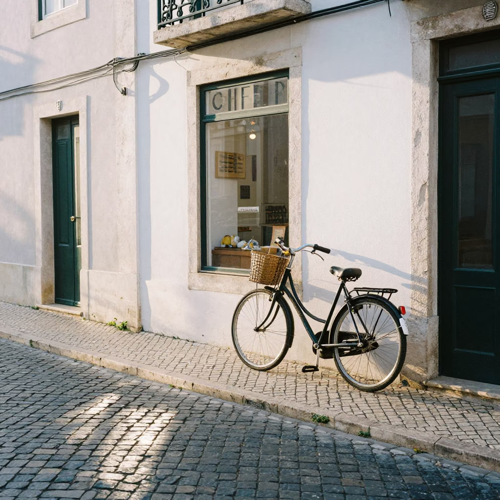Early Morning Lisbon Street Scene with Bicycle and Bakery Window Light in in Lisbon, Portugal