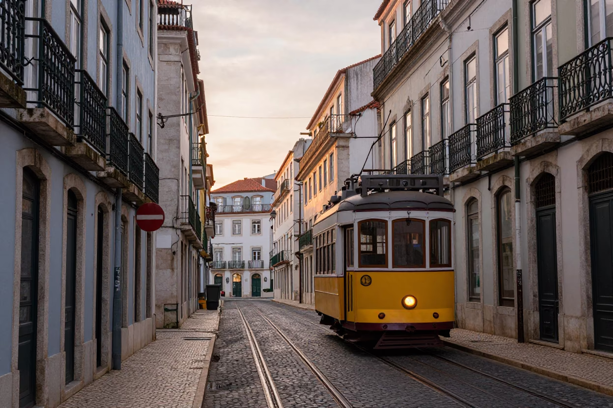 Early Morning Lisbon Street Scene with Cast Iron Balconies and Tram Tracks in in Lisbon, Portugal