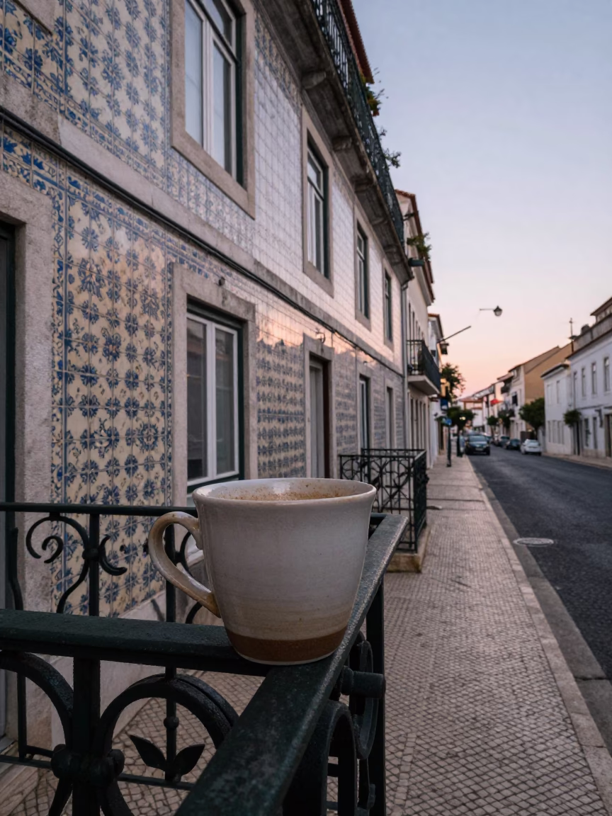 Early Morning Lisbon Street Scene with Ceramic Cup and Art Deco Facade in in Lisbon, Portugal