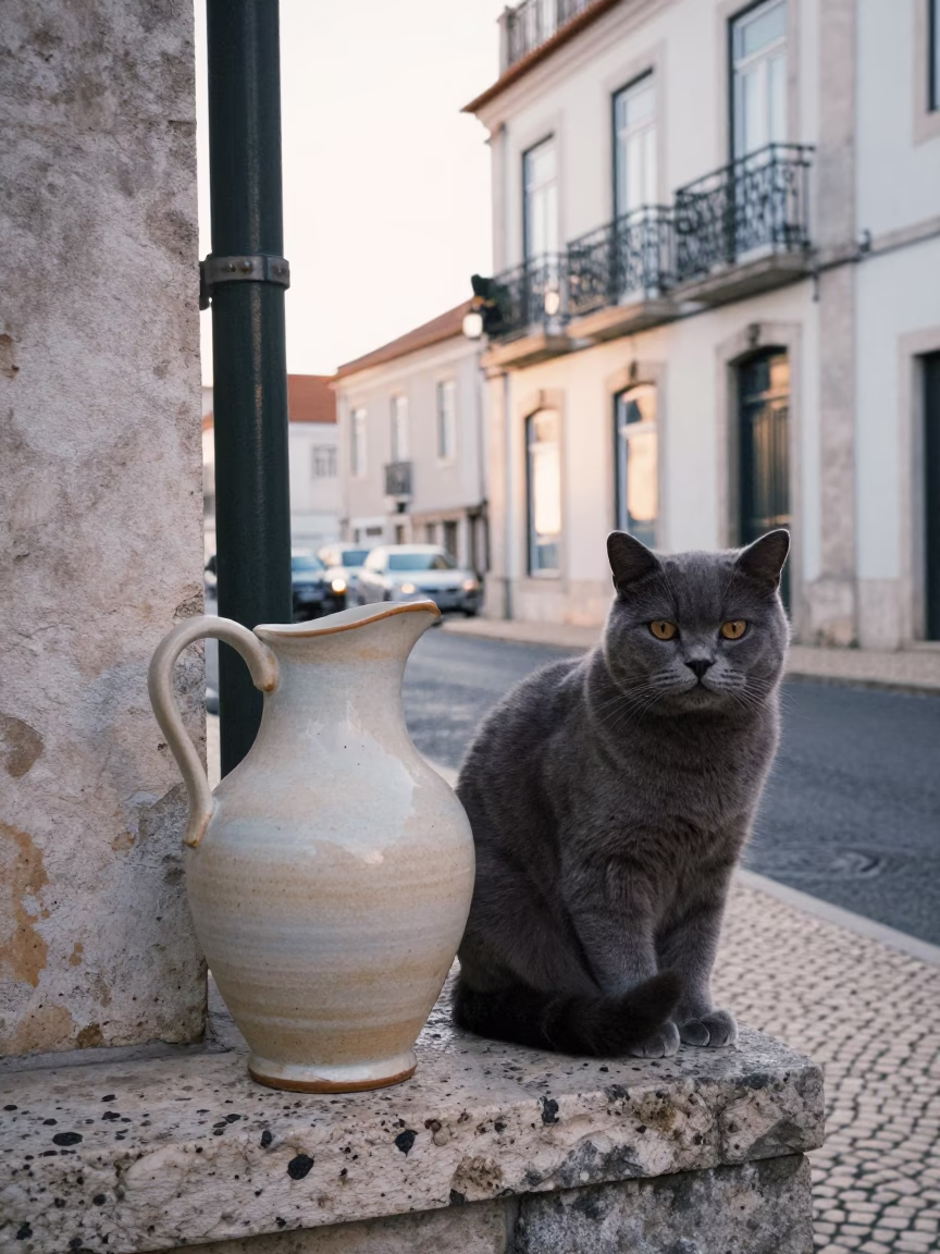 Early Morning Lisbon Street Scene with Ceramic Pitcher and Exotic Shorthair Cat in in Lisbon, Portugal