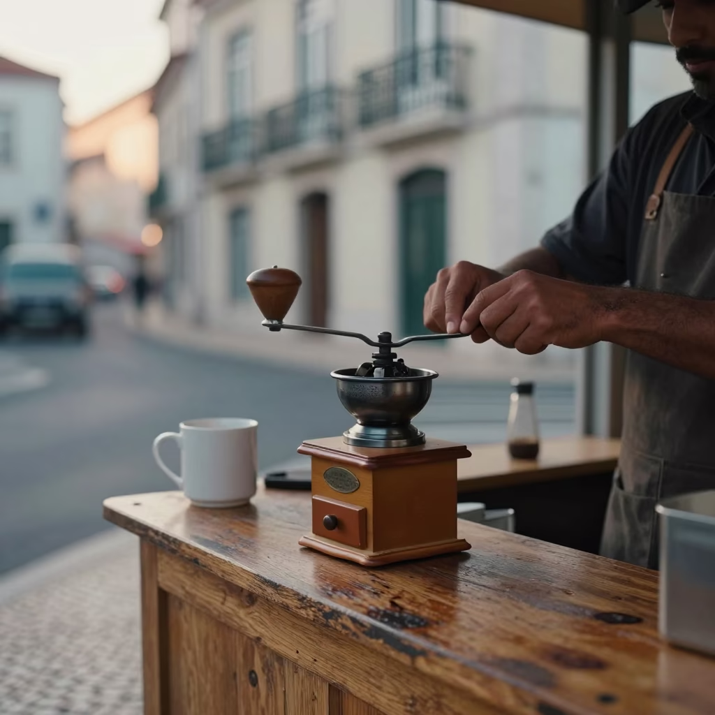 Early Morning Lisbon Street Scene with Coffee Grinder and Condensation on Plaster Wall in in Lisbon, Portugal