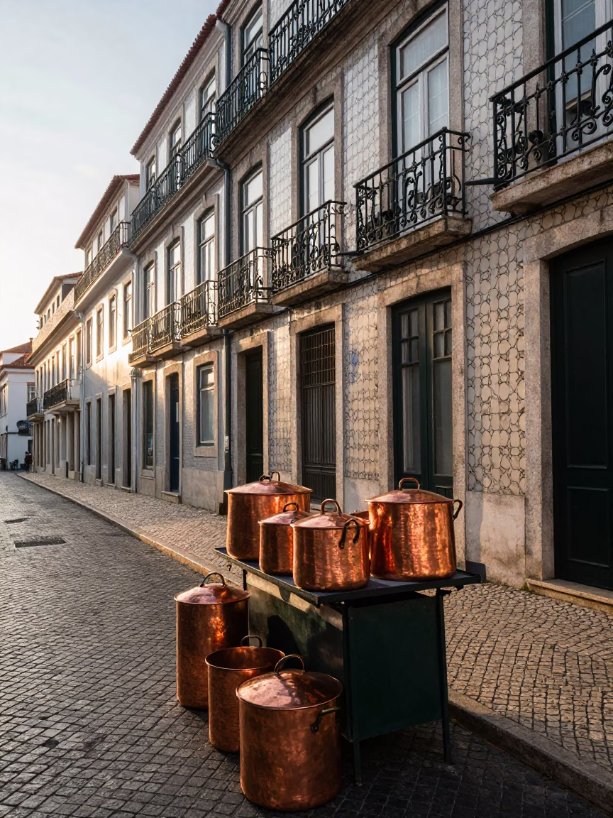 Early Morning Lisbon Street Scene with Copper Pots and Railway Viaduct in in Lisbon, Portugal