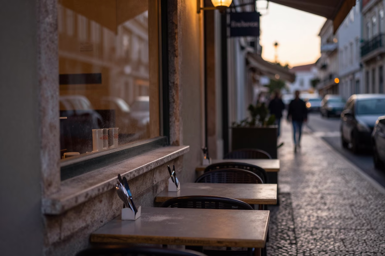 Early Morning Lisbon Street Scene with Cutlery and Dust Details Before Dawn in in Lisbon, Portugal