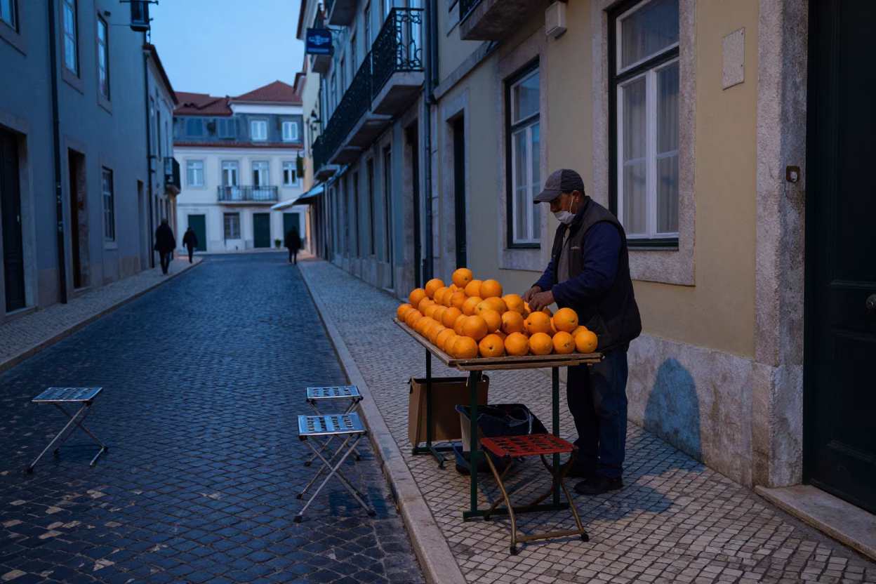 Early Morning Lisbon Street Scene with Folding Stools and Oranges Before Dawn in in Lisbon, Portugal