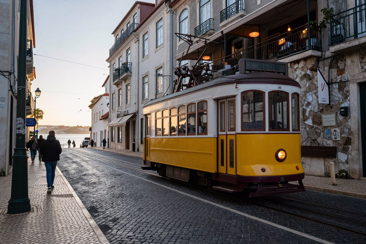 Early Morning Lisbon Street Scene with Funicular and Historic Architecture in in Lisbon, Portugal