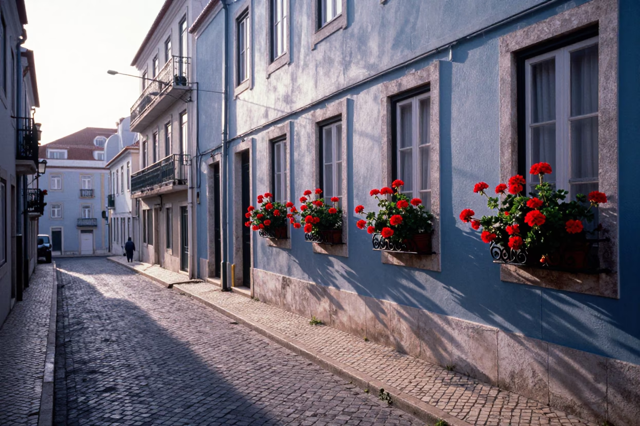 Early Morning Lisbon Street Scene with Geraniums and Traditional Tile Work in in Lisbon, Portugal