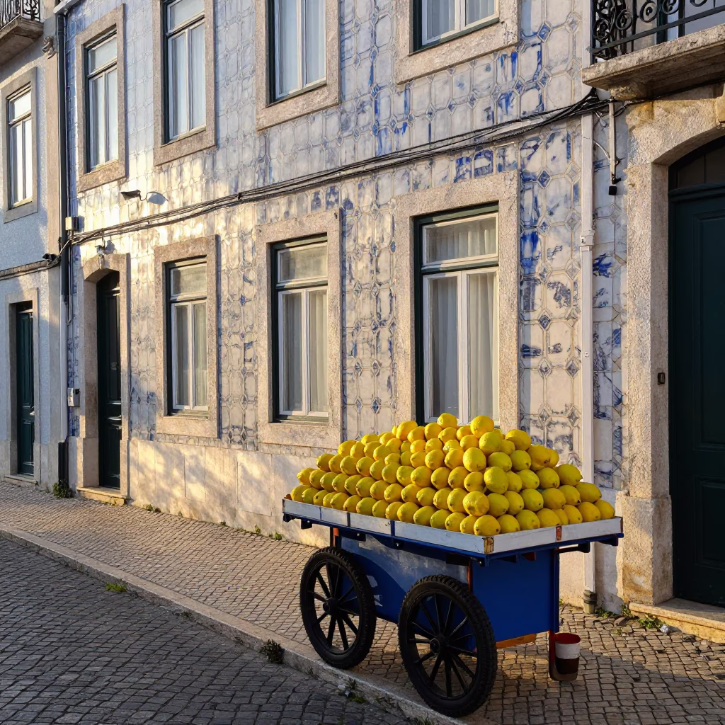 Early Morning Lisbon Street Scene with Lemons and Colorful Tiles in in Lisbon, Portugal