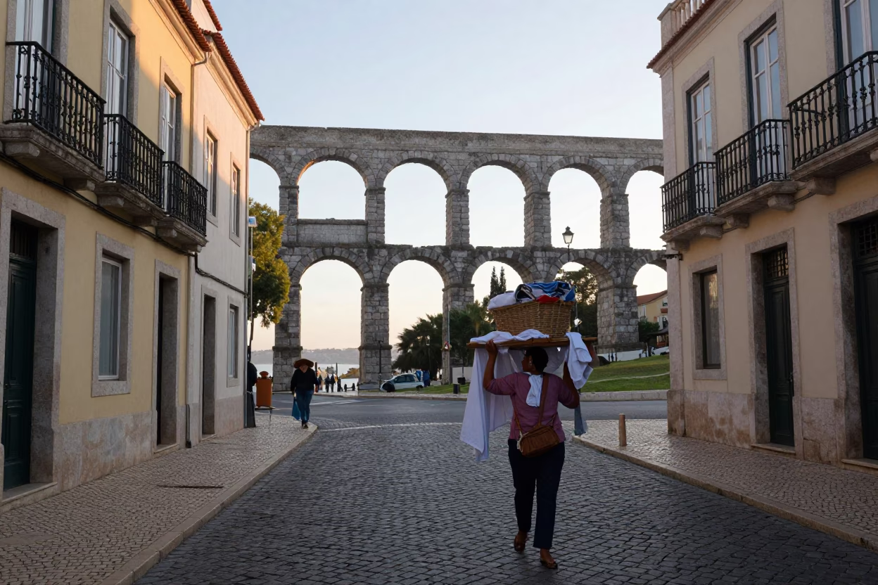 Early Morning Lisbon Street Scene with Roman Aqueduct and Laundry Basket in in Lisbon, Portugal
