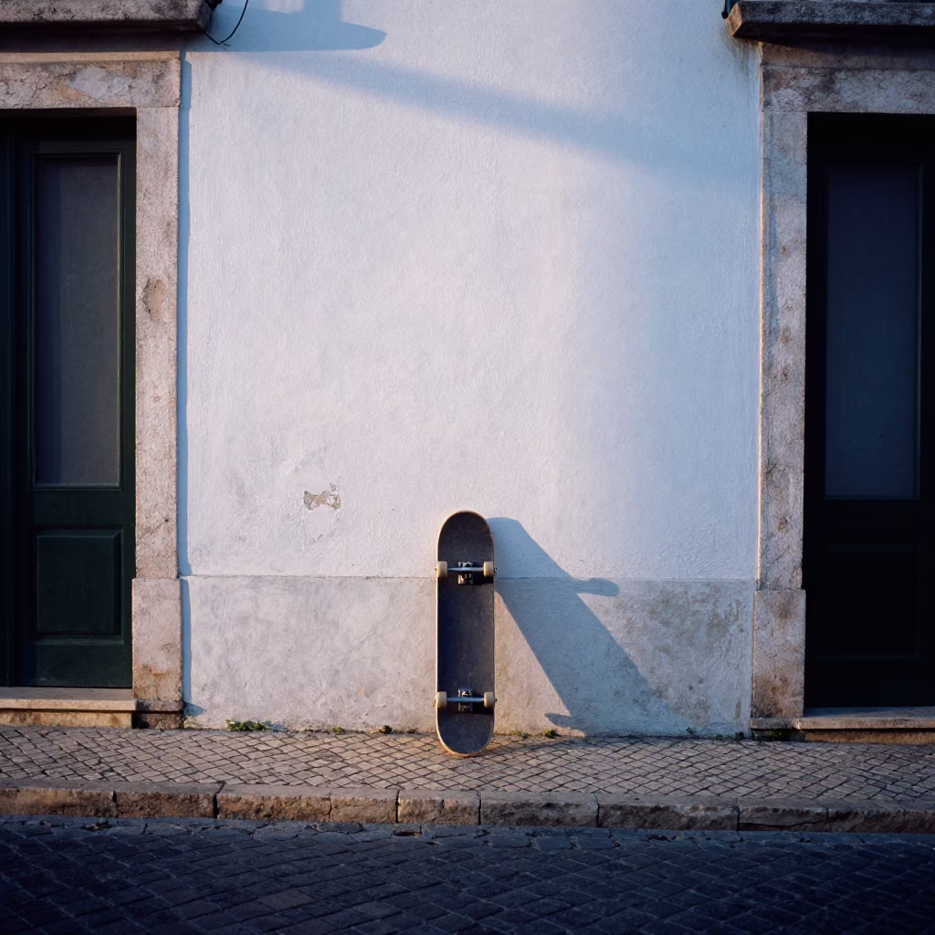 Early Morning Lisbon Street Scene with Skateboard and Cherry Blossom Canopy in in Lisbon, Portugal